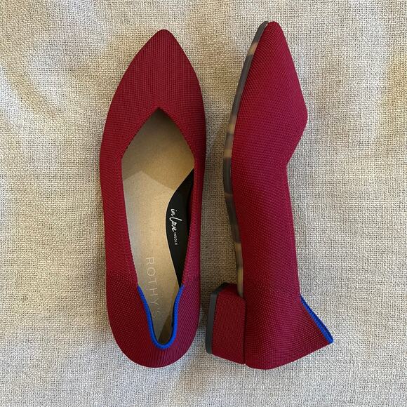 Rothy's Burgundy Pointed Toe Heels with Blue Accent - Picture 3 of 11